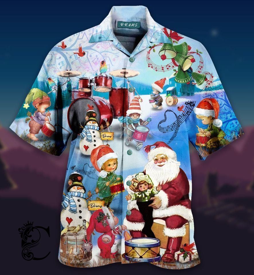 Beach Shirt Santa Love Playing Drum Hawaiian Shirts- Chillicothemall