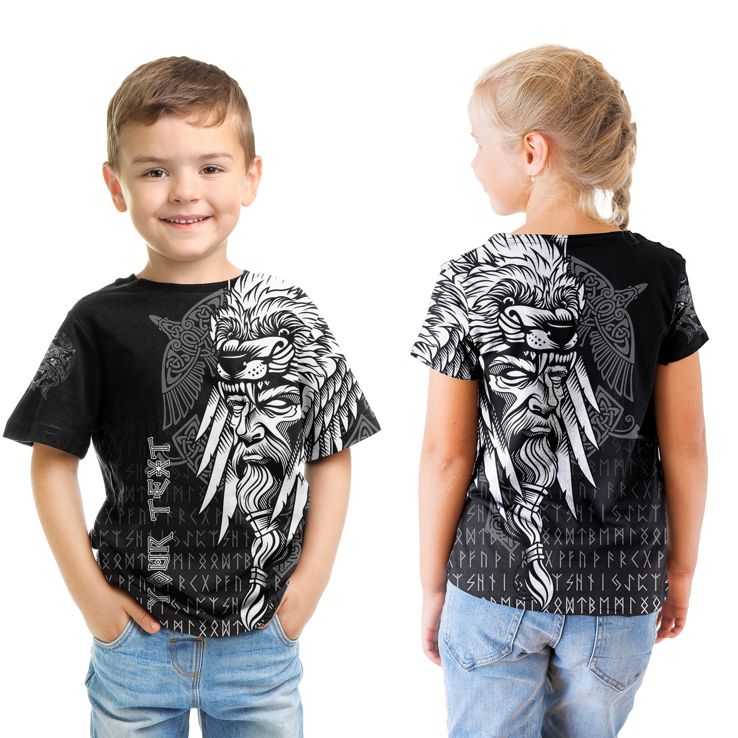 (Custom) Viking T-shirt Kid Odin Raven and Fenrir on Hand A27