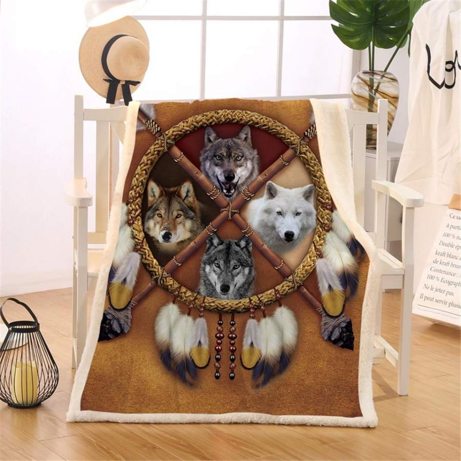 The Four Wolves Dreamcatcher Sherpa Blanket