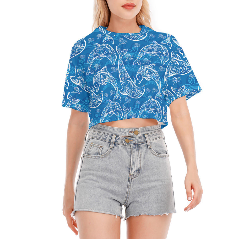 Blue Dolphin Pattern Cropped T-Shirt