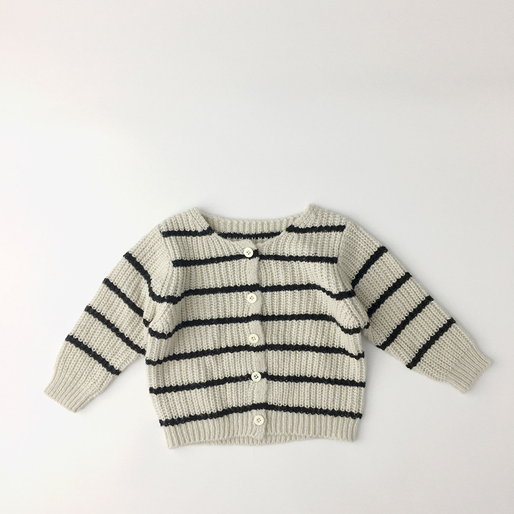 2021 Spring Unisex Kids Knitted Cardigan Coats Striped Roud Neck Korean Style Children Casual Sweater alx