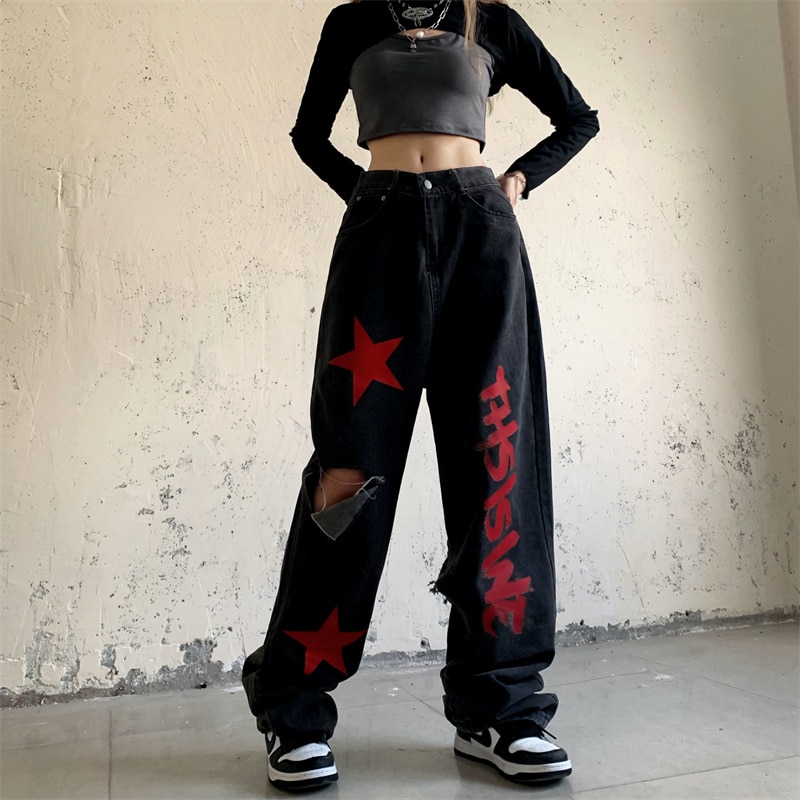 y2k Women RippedDenim PantsHigh Waist Vintage Streetwear Pentagram Straight Baggy Trouser Fashion Casual New Autumn Wide Leg alx