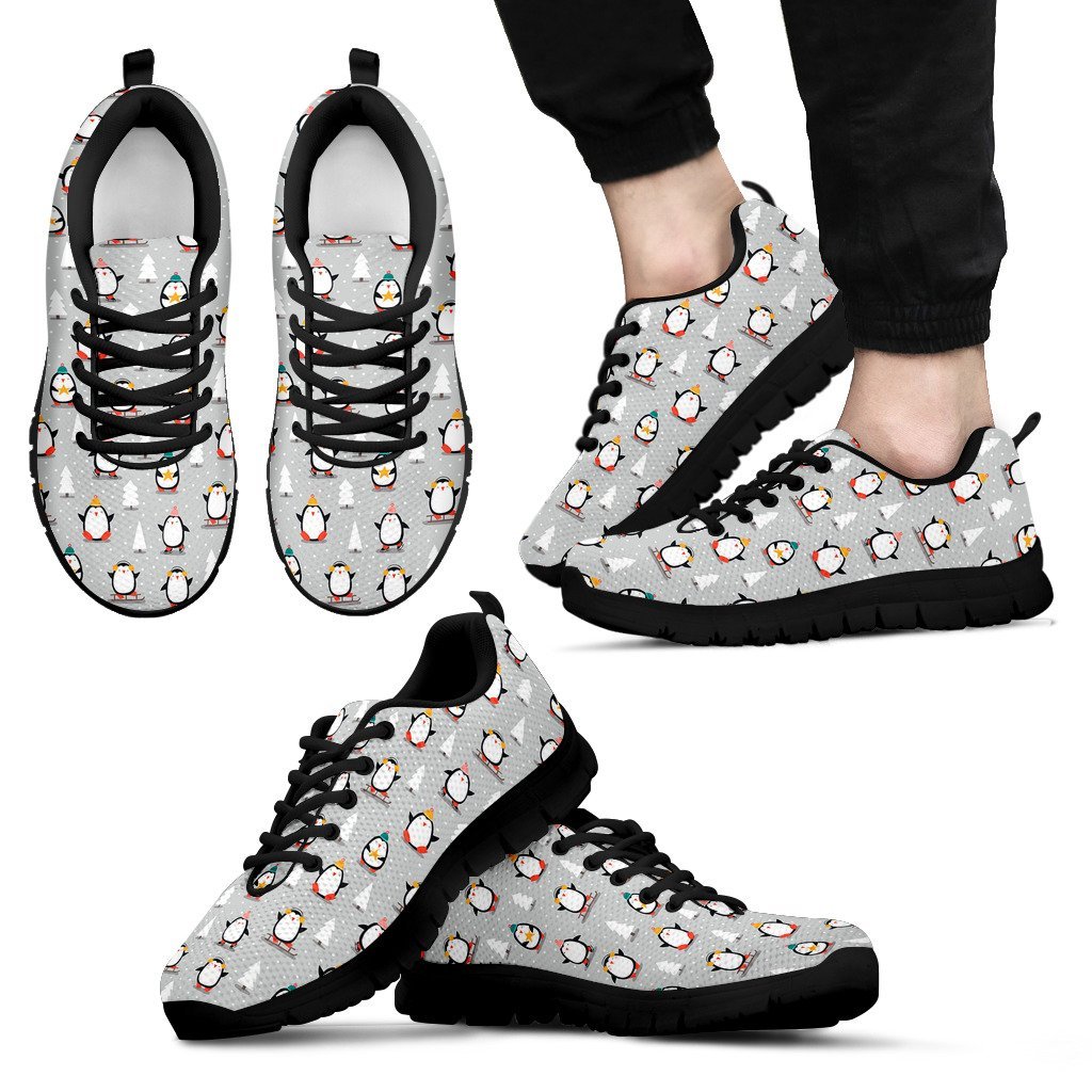 Christmas Tree Penguin Pattern Print Black Sneaker Shoes For Men Women