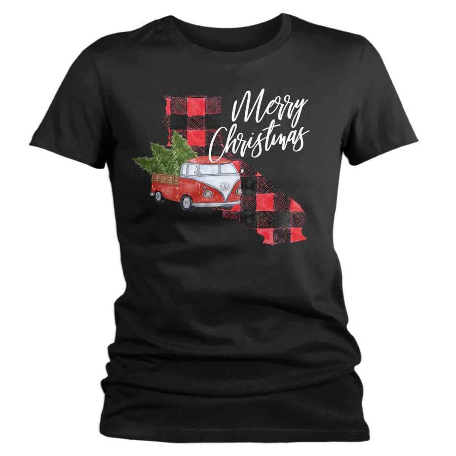 Women’s Personalized Christmas T Shirt Merry Christmas Shirt State Christmas Shirts Xmas Shirt Buffalo Plaid Vintage Truck