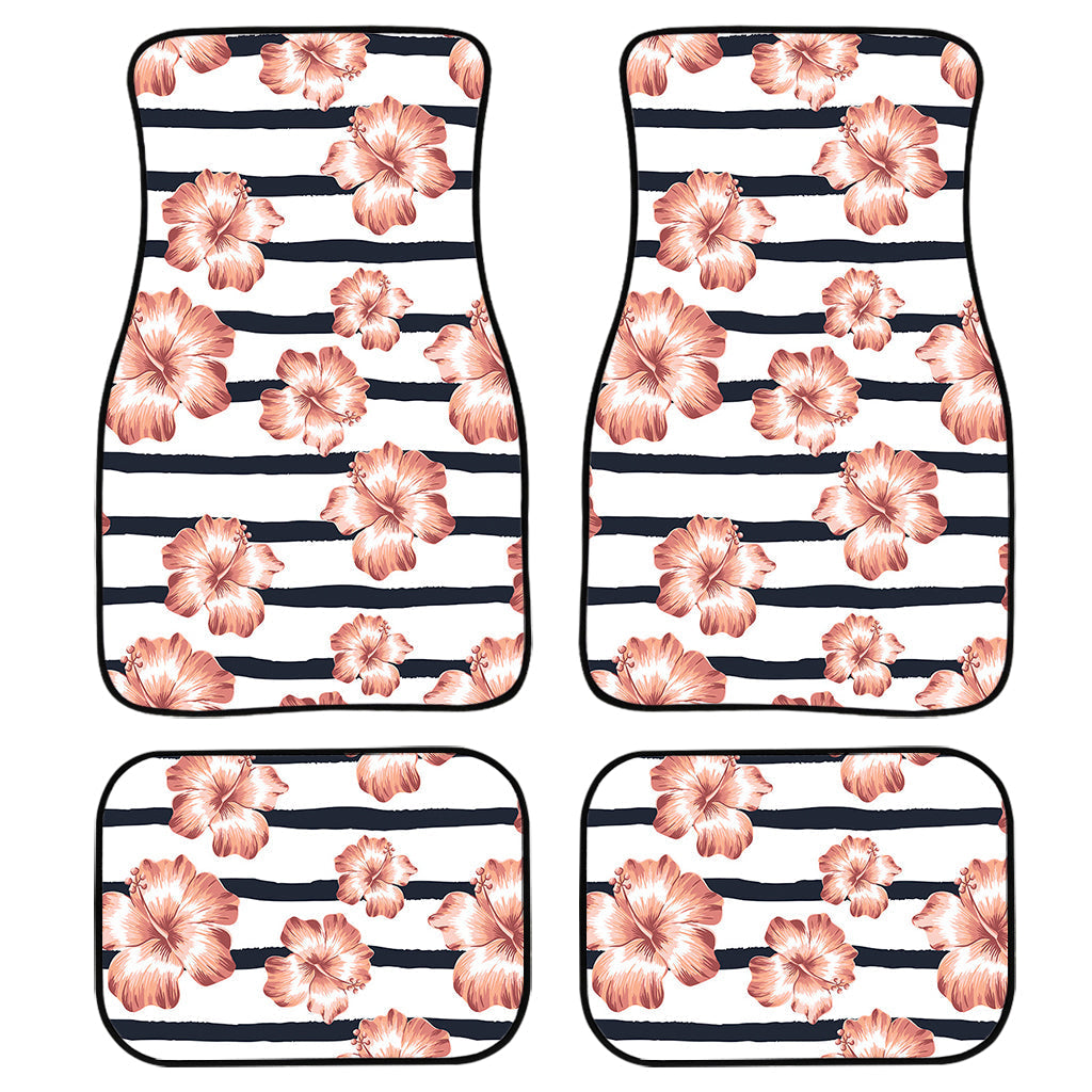 Pink Hibiscus Striped Pattern Print Front And Back Car Floor Mats, Front Car Mat