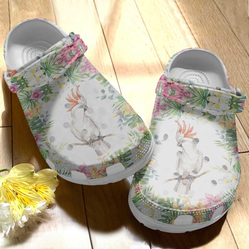 Birds Flower White Parrot Flower Shoes – Cockatoo Shoes Crocbland Clog Birthday Gifts For Woman Daughter Mother