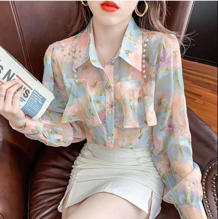 Spring Autumn Ladies Tops New Ruffles Floral Chiffon Shirt Women Blouse Long-sleeve Fashion Office Pearl Chain Blouses Blusas alx