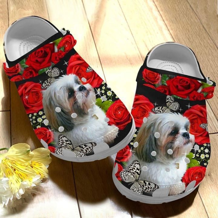 Shih Tzu Dog Roses Cute Gift For Lover Rubber clog Shoes Comfy Footwear