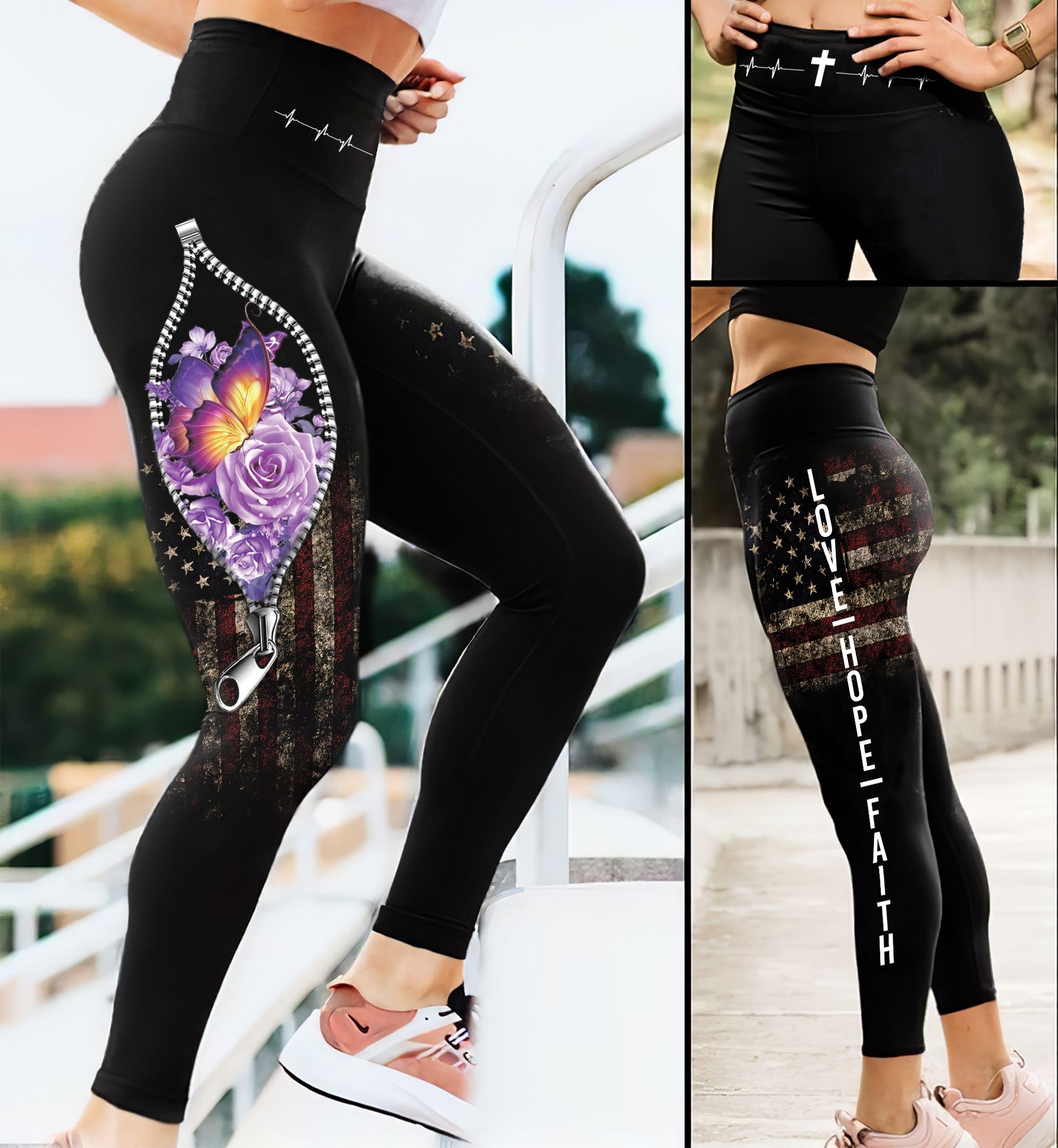 Jesus - Faith, Hope, Love Purple Butterfly Leggings