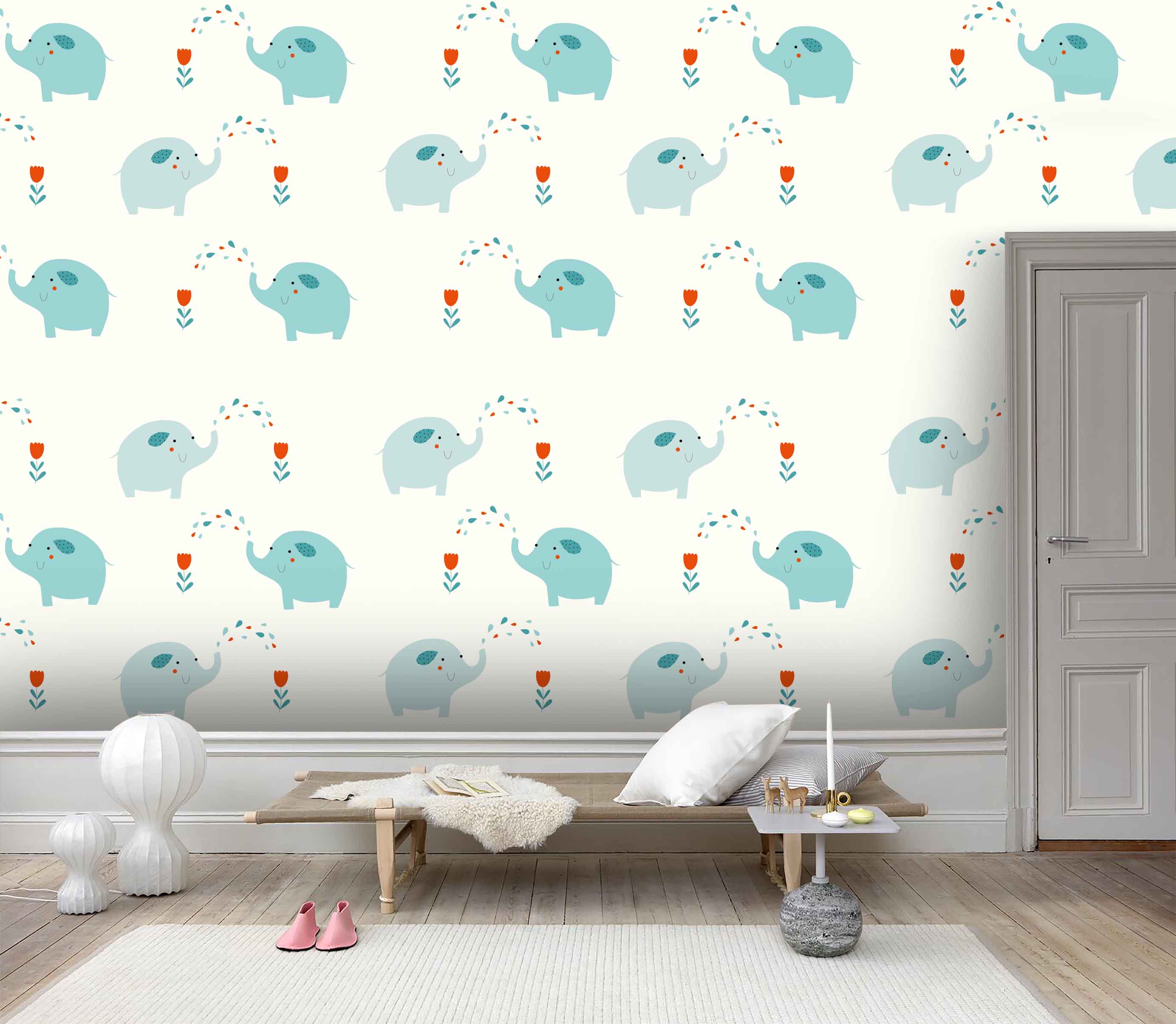 3D White Background Green Cartoon Elephant  Wall Mural Wallpaper 88