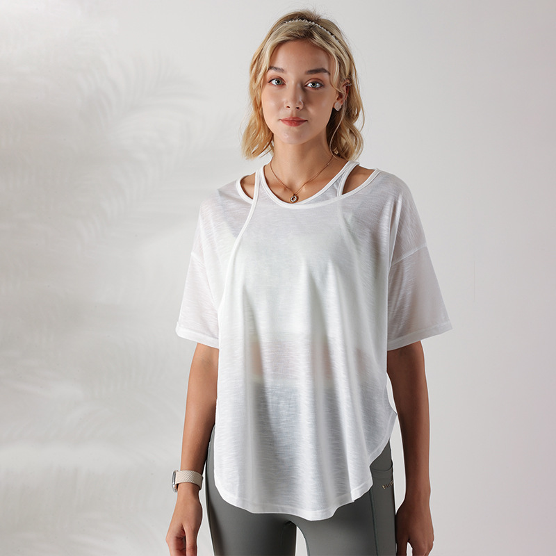 Thin Breathable Loose Off Shoulder Hollow Out Sports Tops Women Quick-Dry Yoga T-Shirt Running Training Fitness Gym T Shirts alx