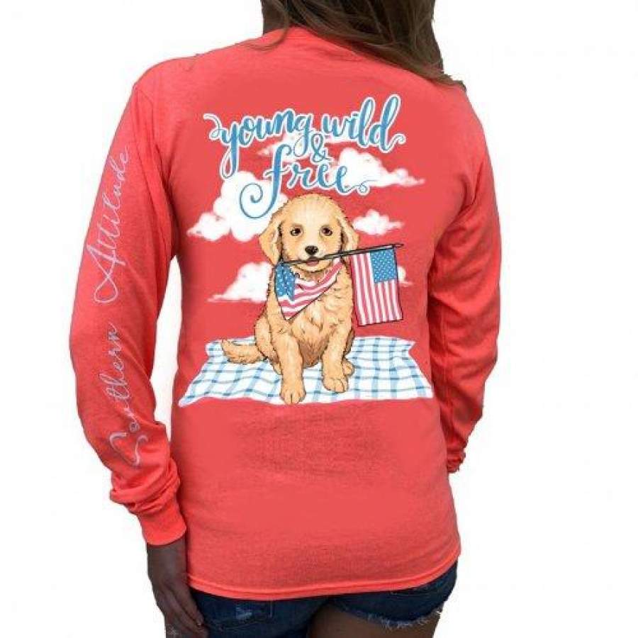 Southern Attitude Preppy Young Wild Free USA Puppy Long Sleeve T-Shirt