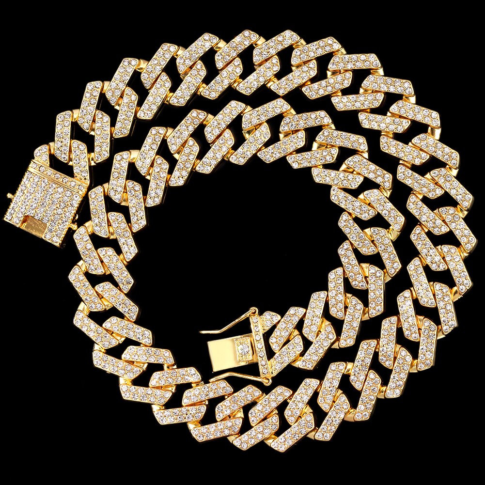 14/20MM width Prong Rhombus Cuban Link Necklace for Women Iced Out Chain Gold Silver Color Thick Cuban Necklace Hip Hop Jewelry alx