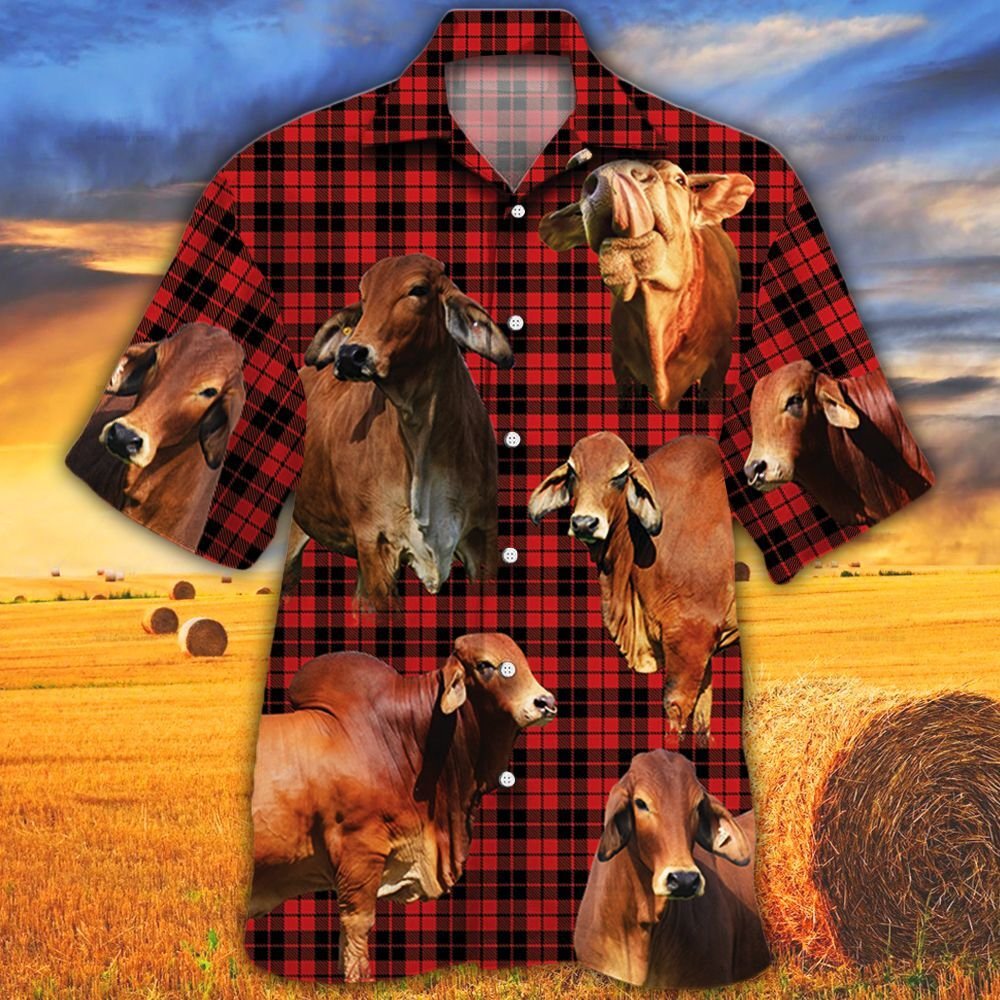 Red Brahman Cattle Lovers Tartan Pattern Hawaii Cow Hawaii Shirt For Men Women Ha104979