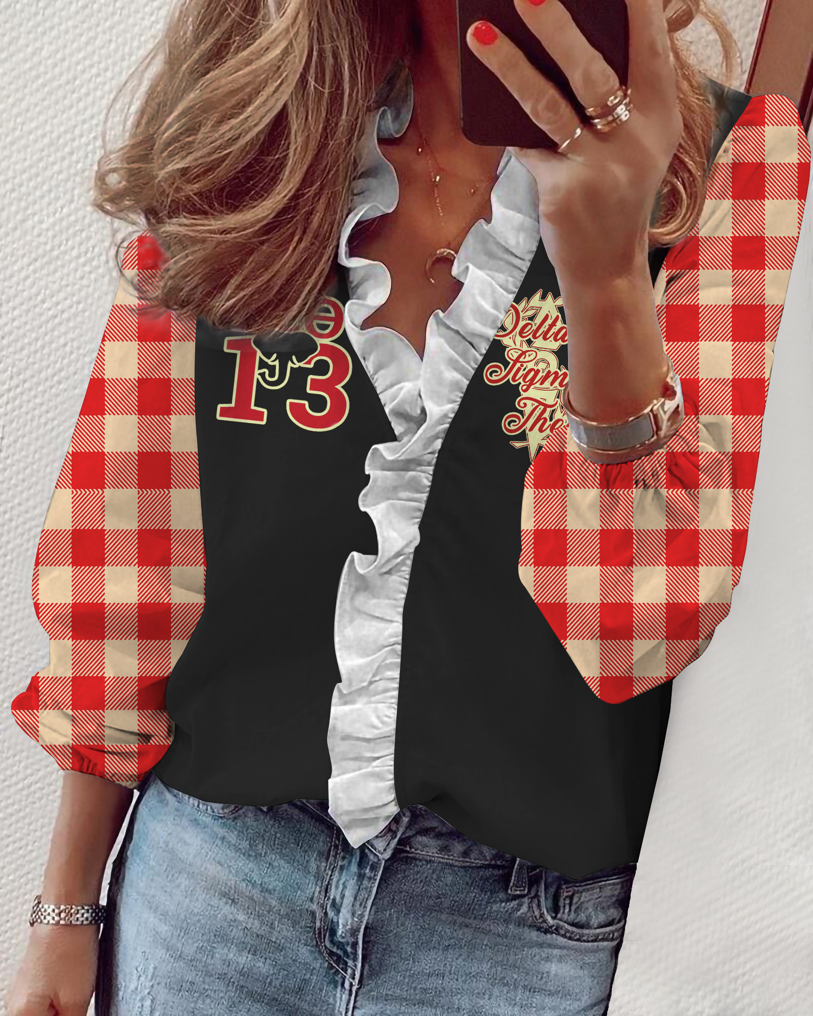 Delta Sigma Theta V-Neck Long Sleeve Lace Shirt 05