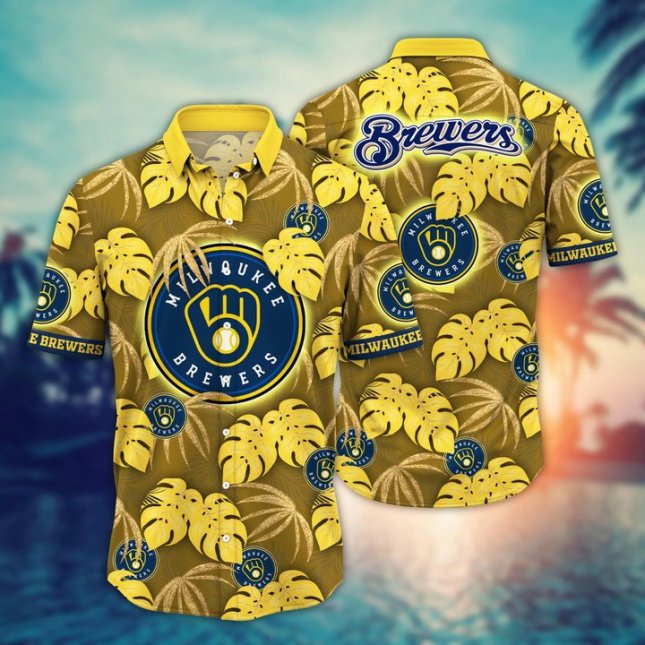 Milwaukee Brewers Hawaiian Shirt Golden Leaf Design