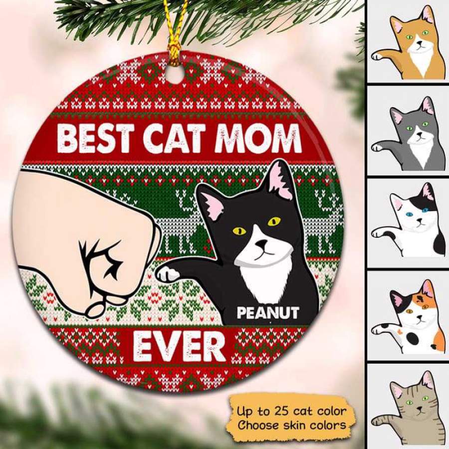 Best Cat Mom Ever Ugly Sweater Personalized Circle Ornament