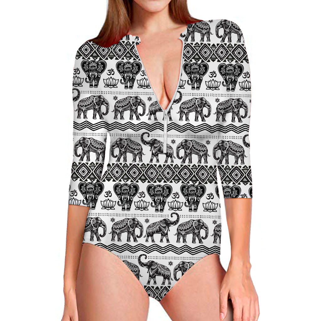 White And Black Indian Elephant Print Long Sleeve One Piece Swimsuit