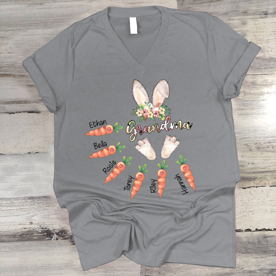 Personalized Grandma Bunny With Grandkids Carrot Easter Day V-Neck