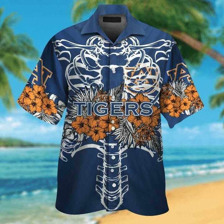 NCCA Auburn Tigers Orange Flowers Blue Hawaiian Shirt