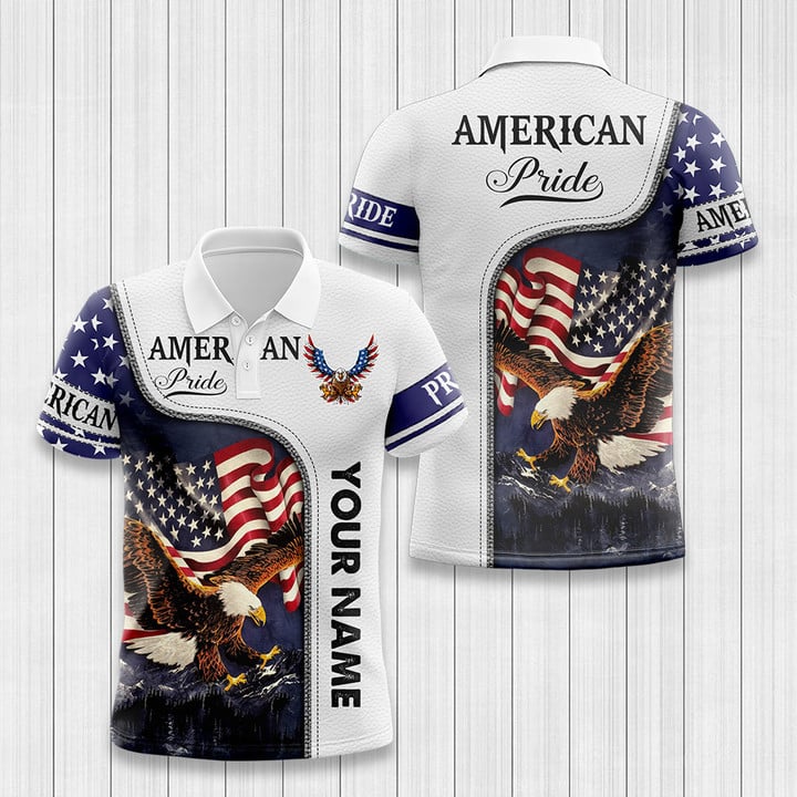 Custom Name American Pride White Leather 3D Independence Day July 4Th Polo Shirt