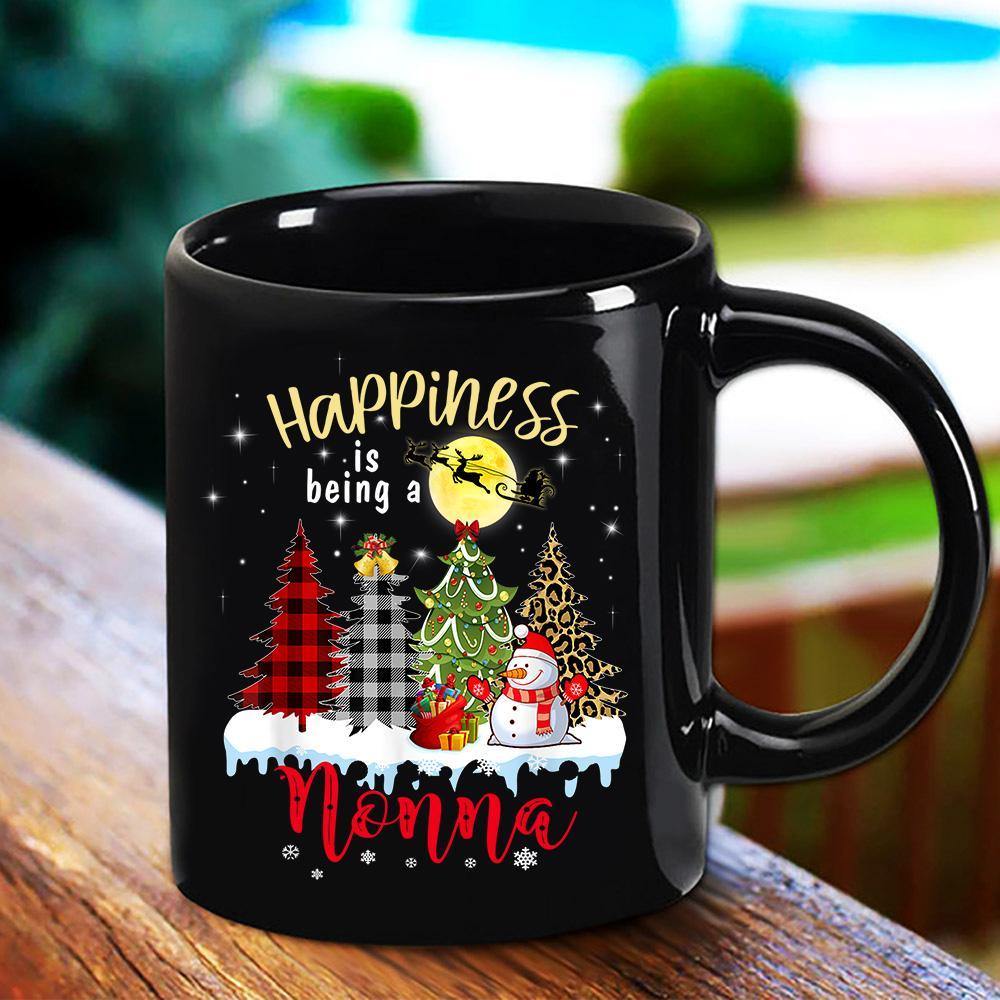 Christmas Happiness Is Being A Nonna Snowman Merry Christmas Funny Plaid Leopard Tree Black Mug