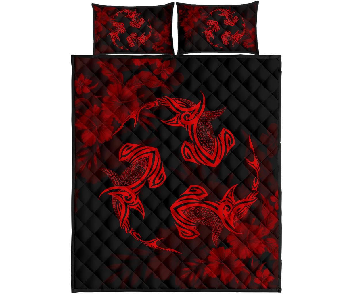 Alohawaii Home Set – Hawaii Head Hammer Shark Hibiscus Red Quilt Bed Set – Ah – J4