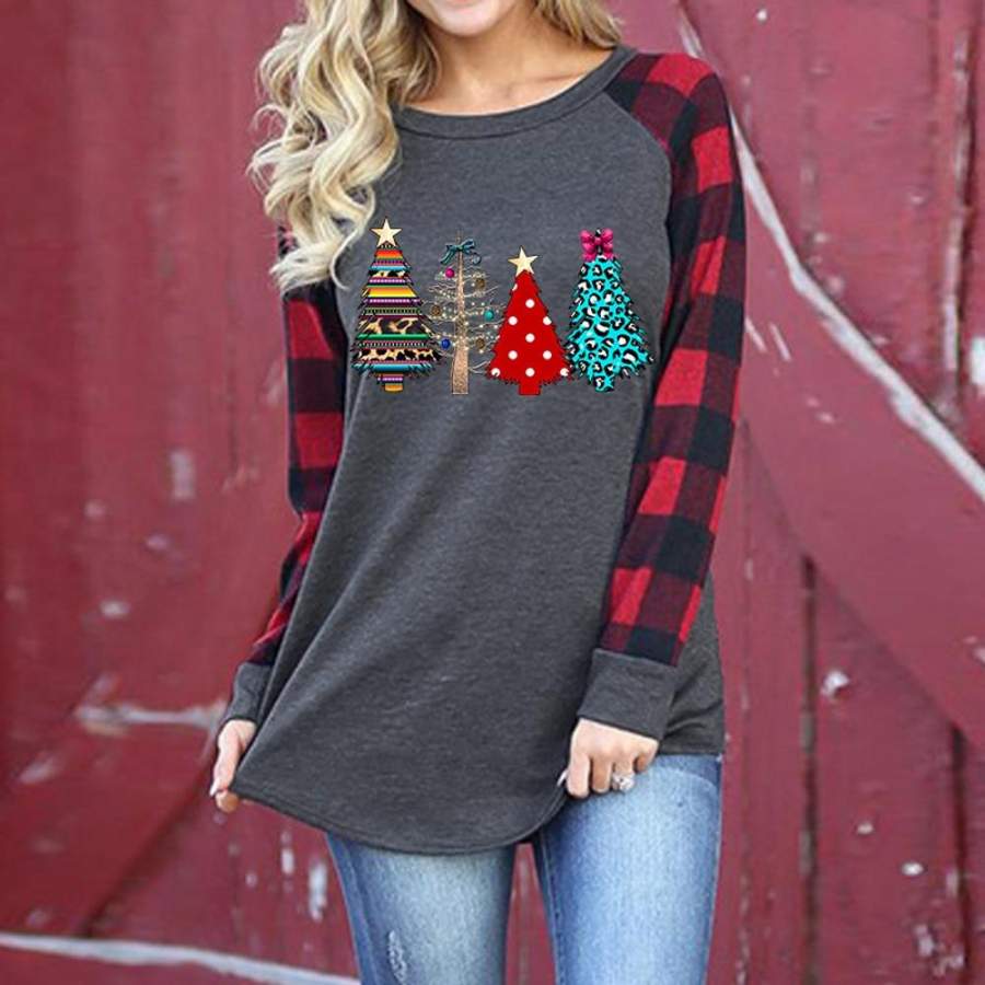 Christmas Trees Print T Shirts for Women Long Plaid Leopard Top Tee  Merry Chirstmas