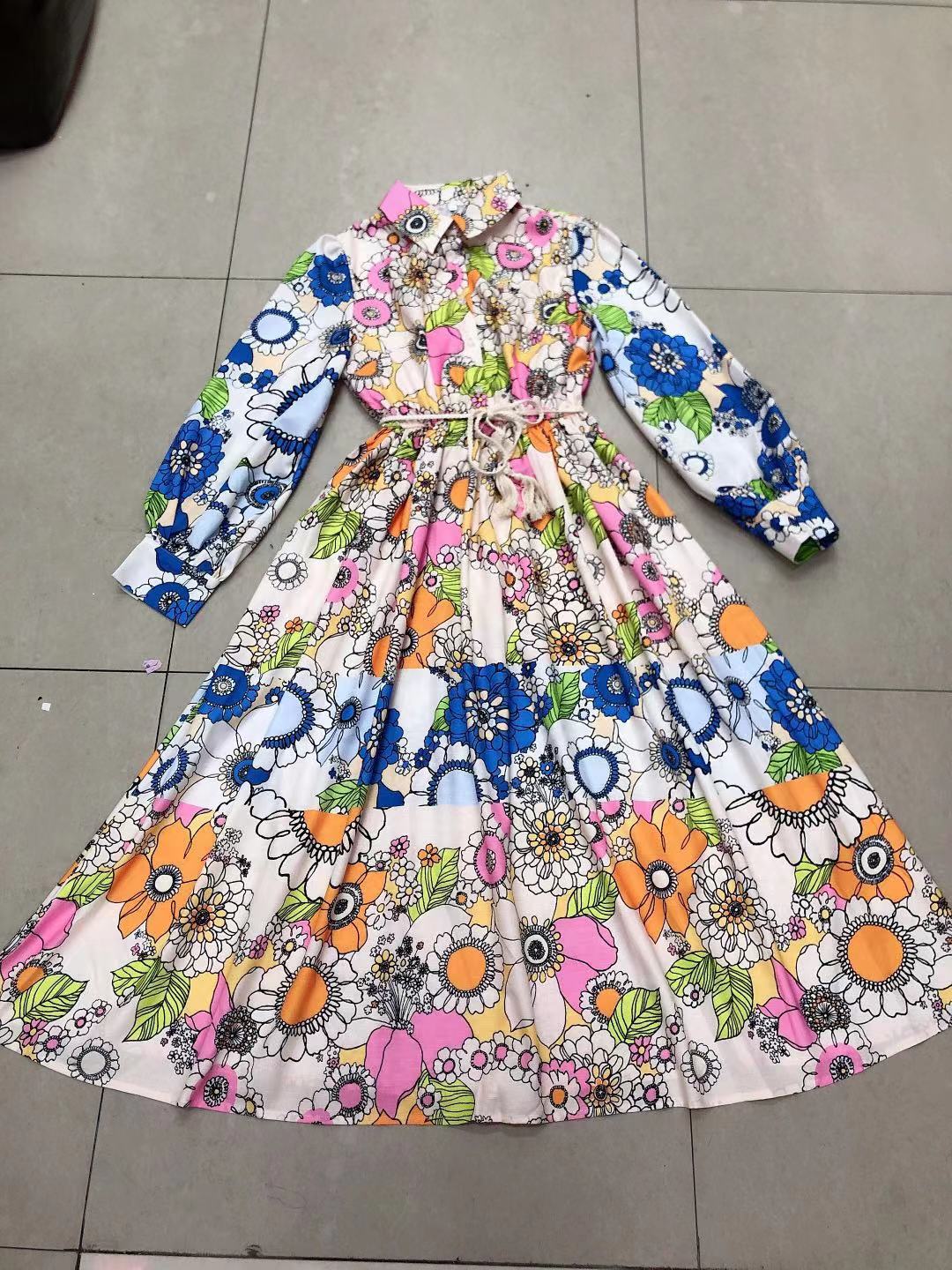 2022 Summer Dress Women Turn-Down Collar Turn-Down Collar Single Breasted Lantern Sleeve Flower Printed Midi Blouse Dresses Robe alx