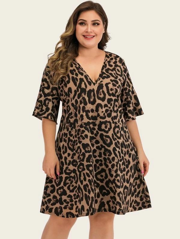 Women Plus Size V-neck Leopard Print Tunic Dress