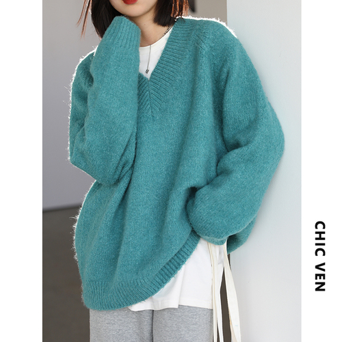 CHIC VEN Women’s Sweater Knitted Solid V Neck Casual Female Loose Long Sleeve Pullovers Female Tops Lady Coat Autumn Winter 2022 alx