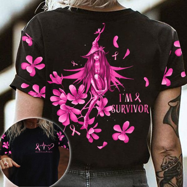 I’M A Survivor Breast Cancer Awareness Witch And Flower Pink Ribbon Heartbeat Breast Cancer 3D Clothes