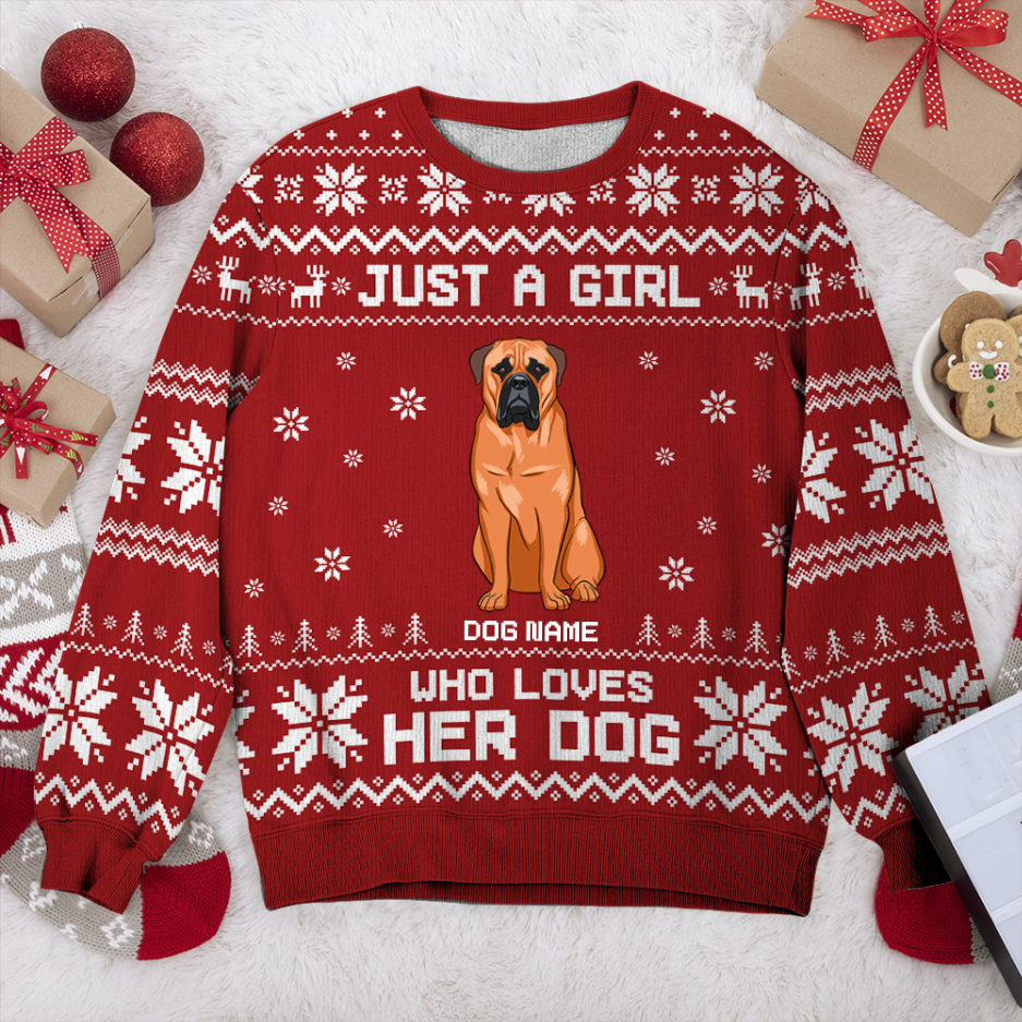 Bullmastiff Just A Girl Personalized Sweater, Dog Ugly Christmas Sweater