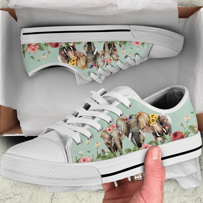 Herd Of Elephants Walking On Flower Meadow Birthday Gift Fashion White Canvas Low Top Shoes