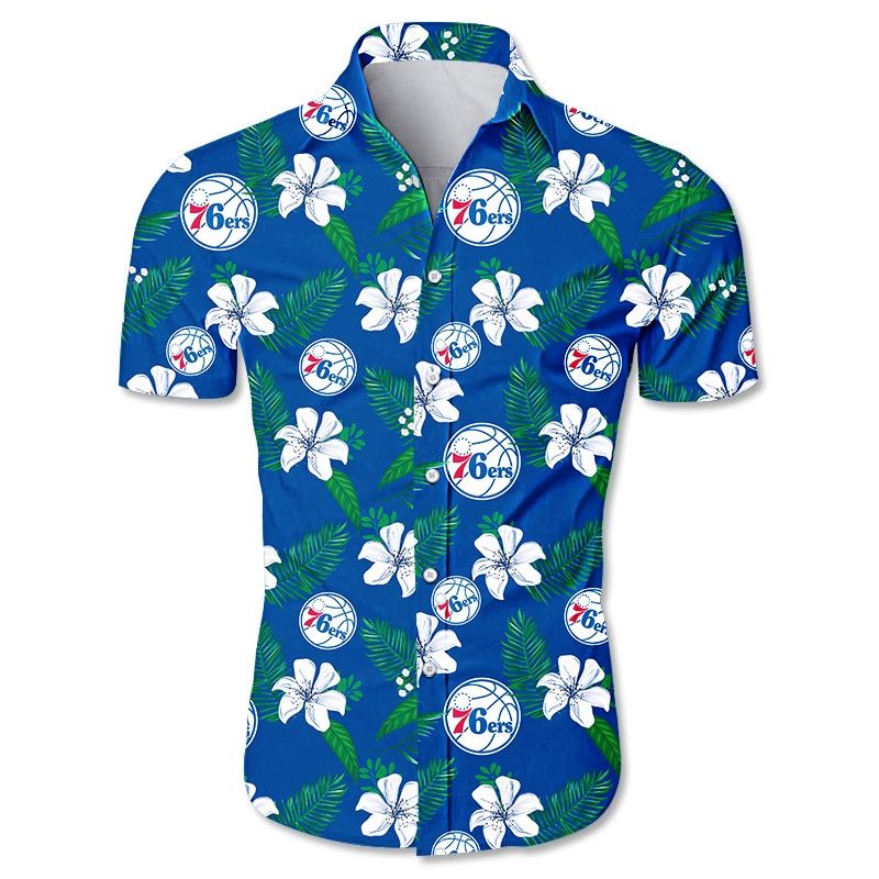 NBA Philadelphia 76Ers White Hibiscus Flowers Green Leaves Hawaiian Shirt