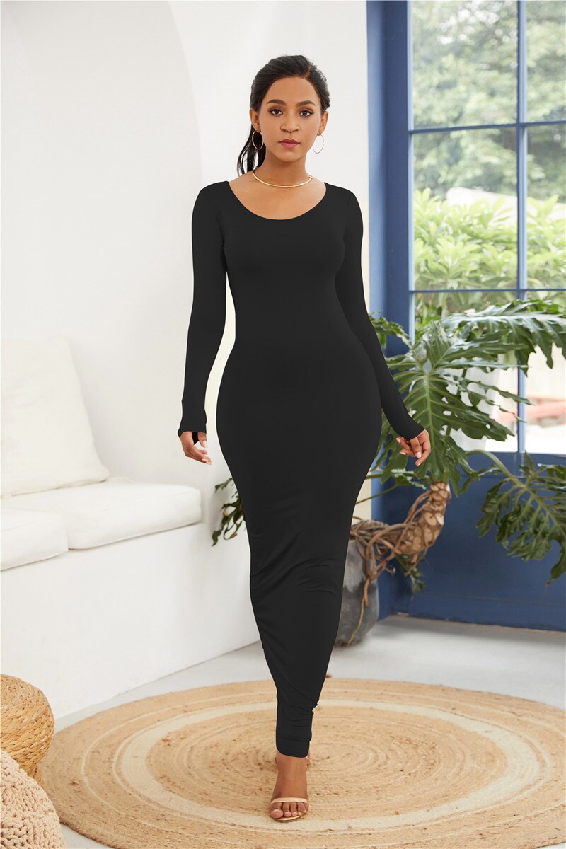 Women Long Sleeve O Neck Solid Bodycon Long Dress Spring New Simple Sexy Robe Package Hip Maxi Dresses Elegant Stretchy Vestidos alx