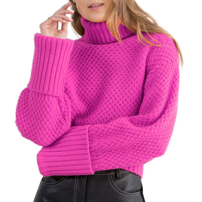 Women Long Sleeve Waffle Knit Sweater Turtleneck Flourescent Neon Solid Color Loose Tops Pullover Jumper Streetwear alx