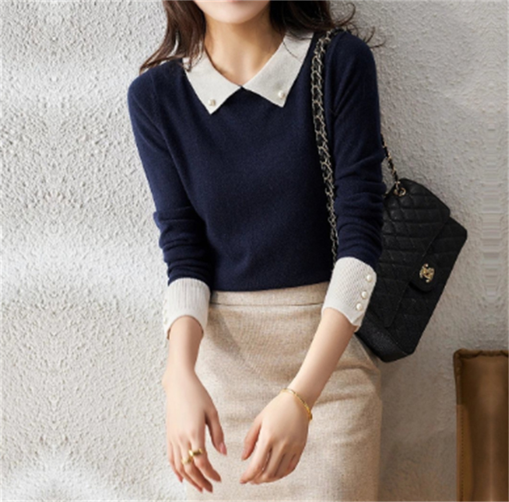 Women Knitted Sweater Pullover Autumn Korean Vintage Pearl Beading Turn-down Collar Long Sleeve Patchwork Sweater H1700 alx