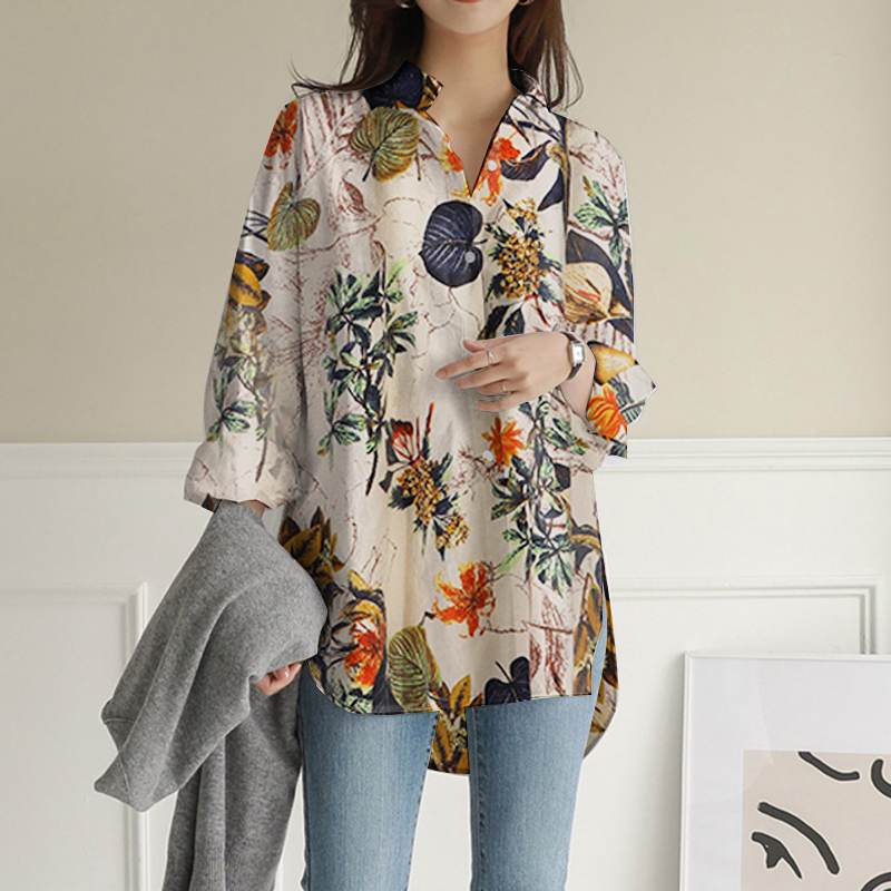 Asymmetrical ZANZEA Full Sleeve Blouses Women Baggy Loose Shirt Fashion Pockets Chemise Vintage Floral Printed Top alx