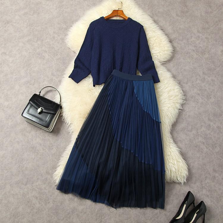 Autumn Winter Knitted Suit Sweater Top Skirt Set Women 2022 Runway Designer Midi Pleated Mesh Dress Elegant 2 Piece Outfits Blue alx