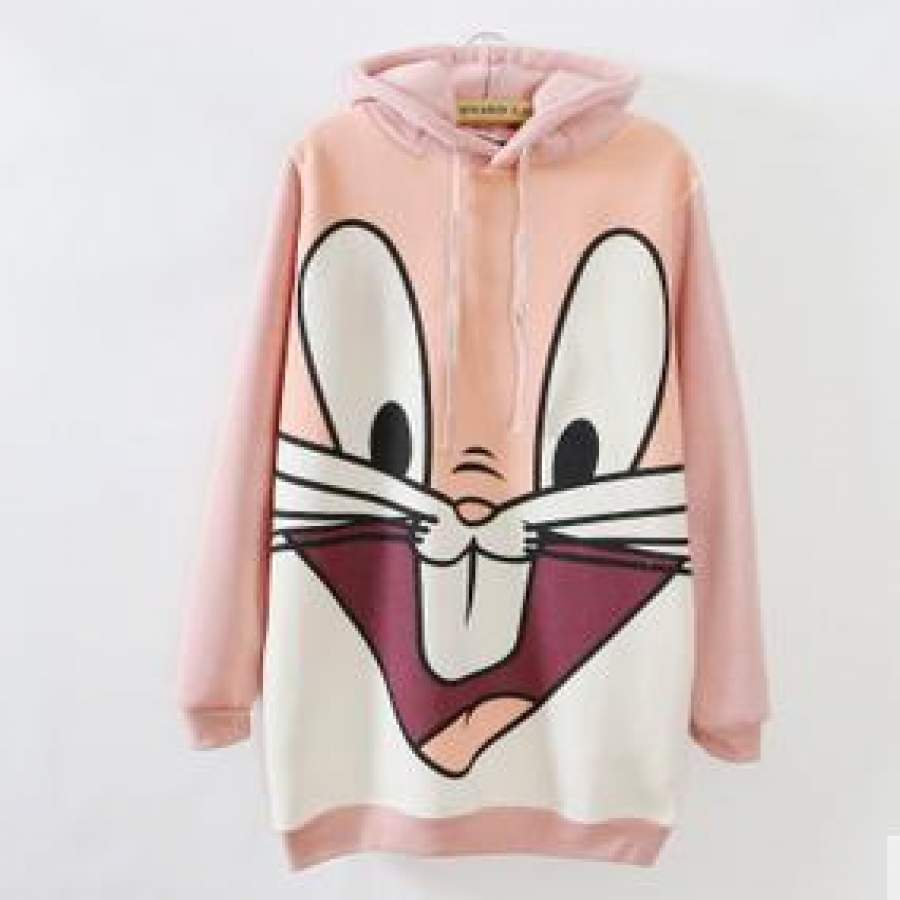 Korea Cartoon Bugs Bunny Rabbit Beige Pink Long Hooded Fleece Sweatshirt Womens Winter Print Hoodie Patchwork Casual Wear Plus Size