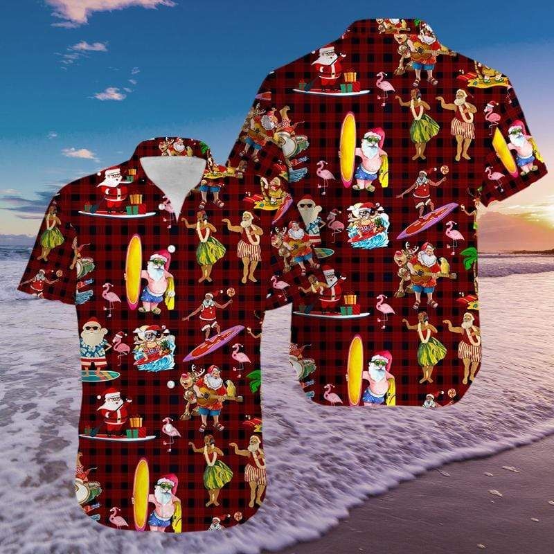 Cover Your Body With Amazing Funny Santa Claus Surfing Red Caro Pattern Hawaii Aloha Shirts Ha108560