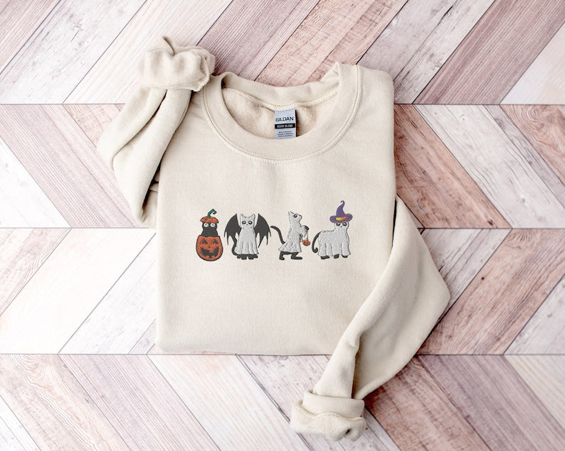 Embroidered Cat Bat Halloween Pumpkin Unisex Crewneck Sweatshirt All Over Print Sweatshirt For Women Sweatshirt For Men Sws2500