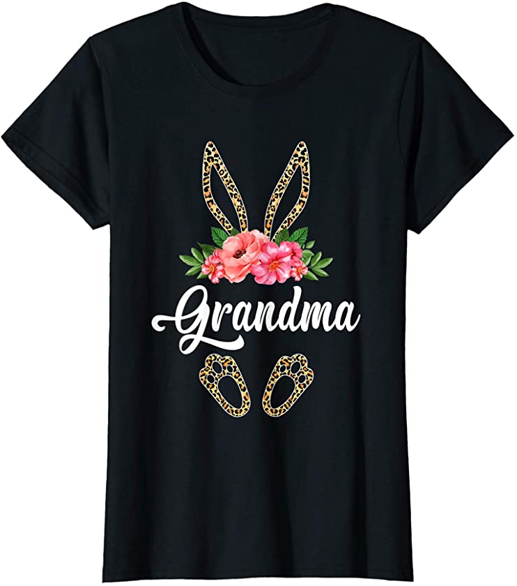 Womens Cute Grandma Bunny Leopard Flowers Easter Gifts T-Shirt