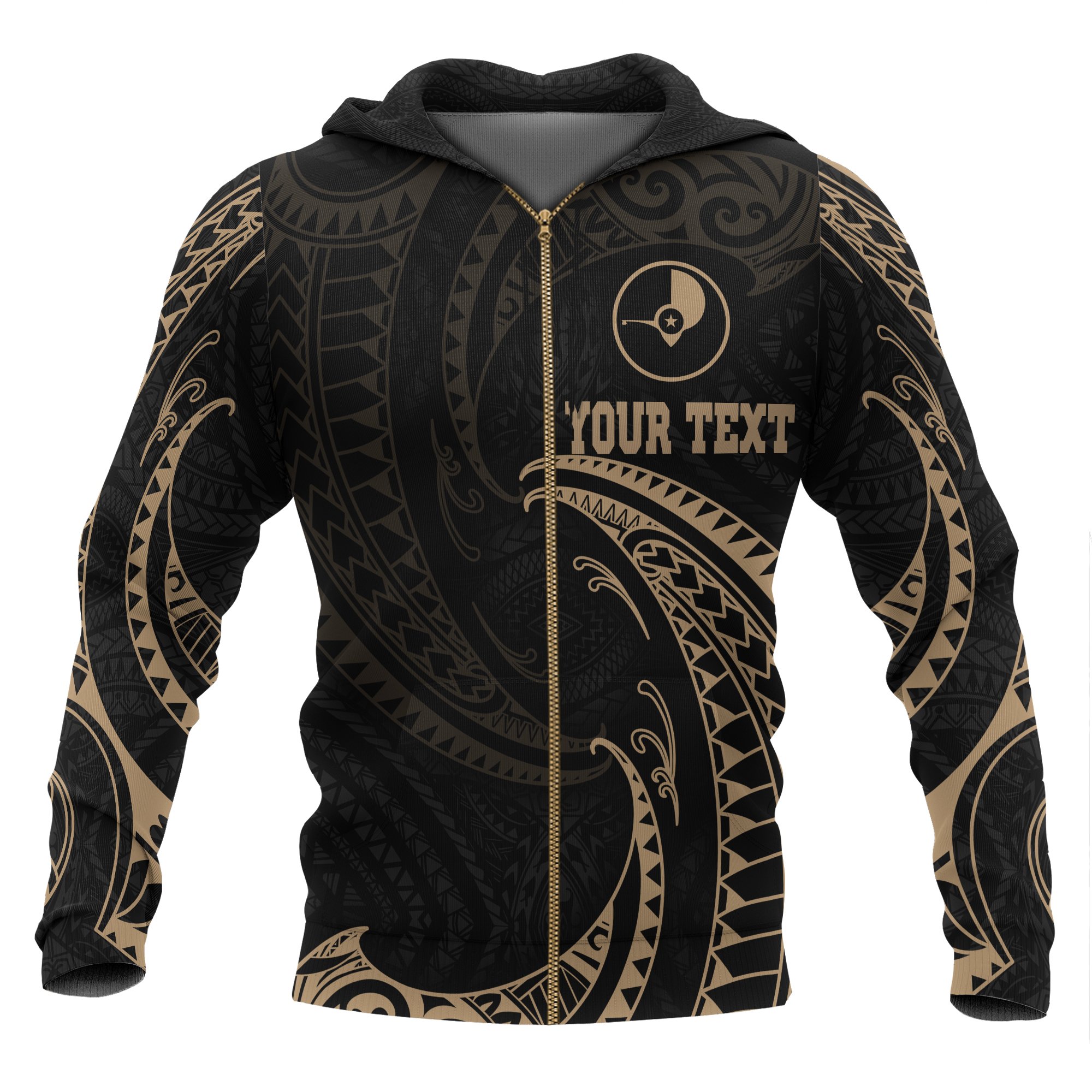 Yap Micronesia All Over Custom Personalised  Zip-Up Hoodie – Gold Tribal Wave – BN12