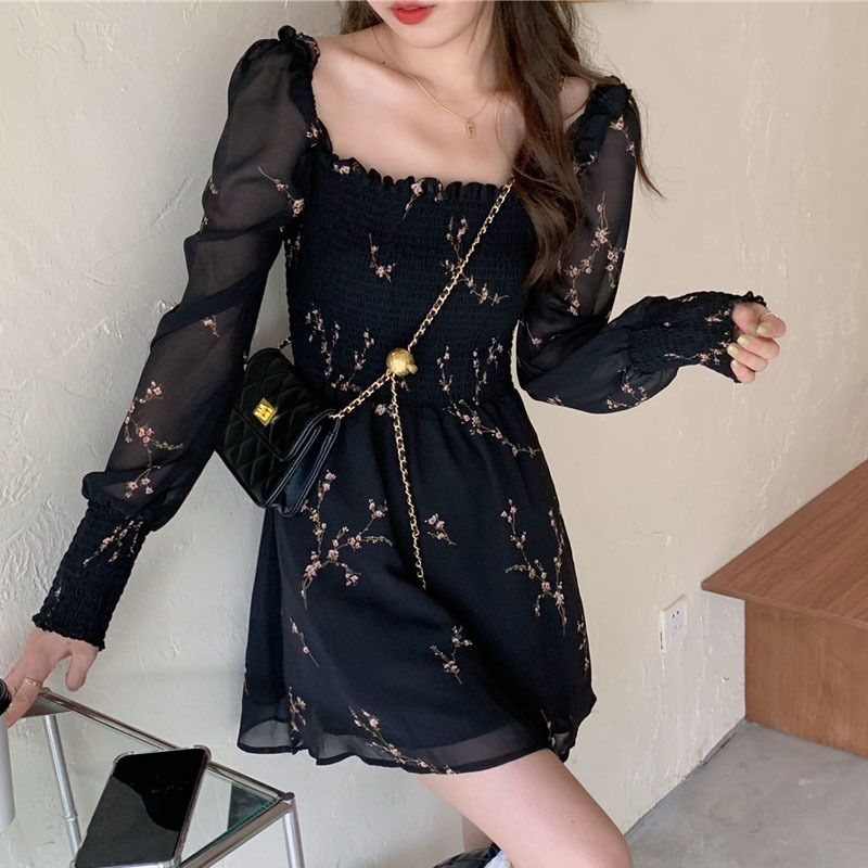 Autumn Womens Sexy Black Dress Vintage Flower Long Puff Sleeve Chiffon Dresses Korean Casual Mini Vestidos Mujer Clothes 13676 alx