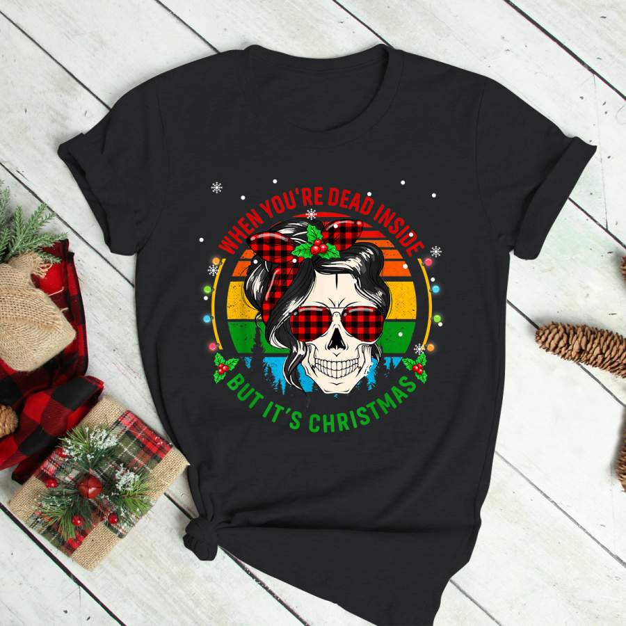 When You’re Dead Inside But It’s Christmas Skull Plaid Xmas T-Shirt