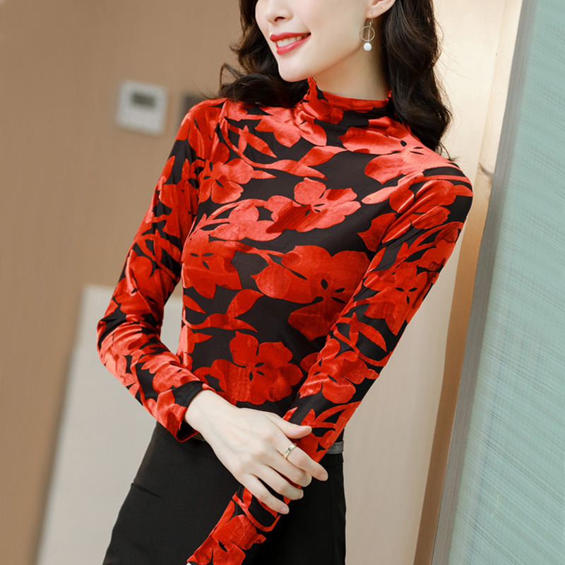 TingYiLi Floral Velvet Turtleneck Top Women Spring Autumn Vintage Velour Blouse Elegant Office Ladies Long Sleeve Bodycon Tops alx