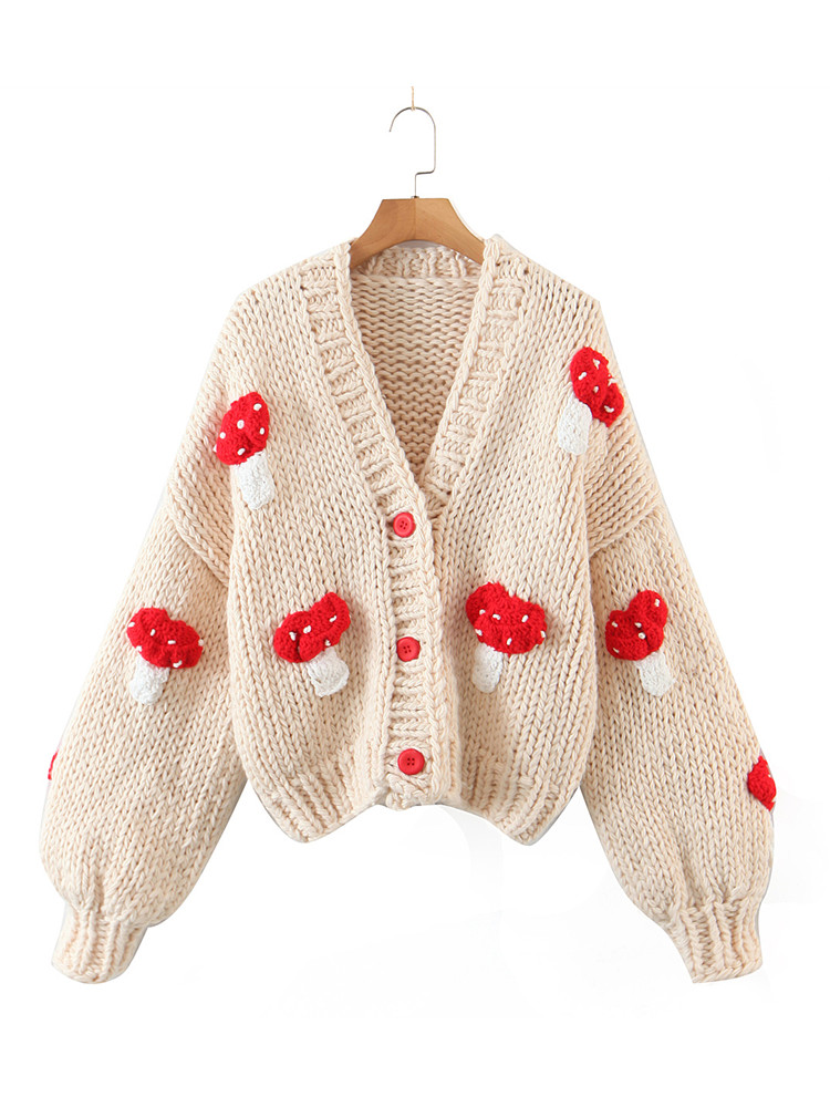 2022 Autumn Winter Sweet Cute Handmade Mushroom Sweater Women Loose V-Neck Casual Short Knit Cardigan Jacket Female Coat alx