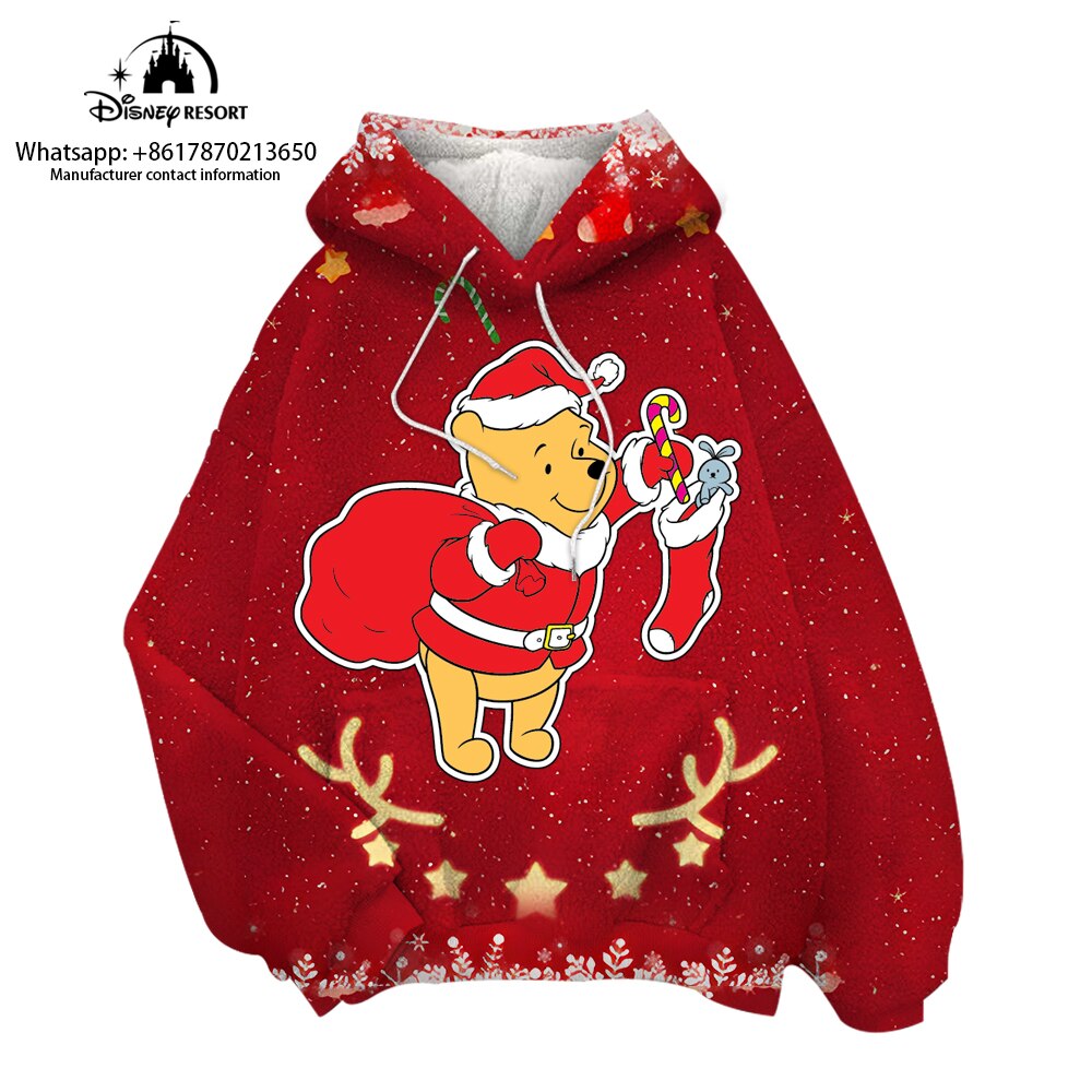 2022 Christmas cartoon Winnie the Pooh pattern hoodie winter women’s pullover sweater women’s loose sweater Disney clothing alx